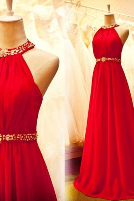 2016 Sexy Halter Red Prom Dresses Chapel Train Chiffon Evening Dresses Long Elegant Prom Gowns Party Dress