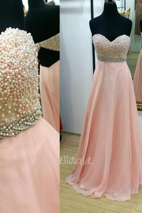 Pink Strapless Sweetheart Beaded A-line Chiffon Floor-length Prom Dress, Evening Dress With Cutout Back
