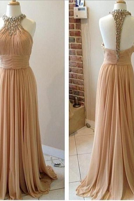 Halter Beaded Ruched A-line Long Prom Dress, Evening Dress