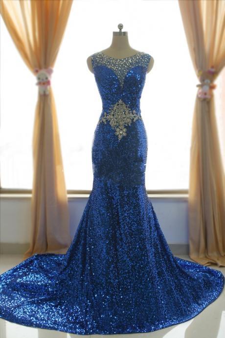 Fashion Royal Blue Prom Dresses Chapel Train Long Elegant Mermaid Sequined Scoop Party Evening Dress Robe De Soiree Formal Gowns