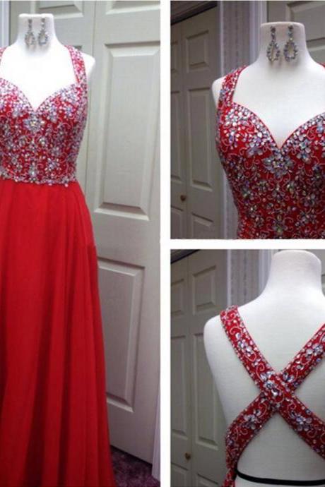 Sexy Red Beaded Evening Dresses Cross Back Chiffon Long Elegant Prom Dress Robe De Soiree Formal Gowns