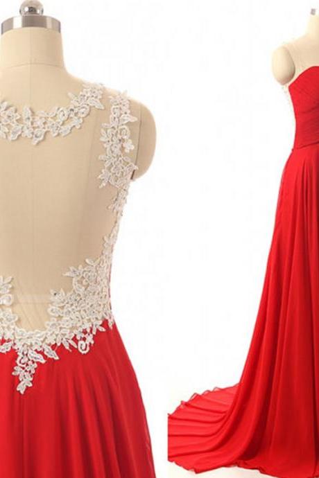 Sexy Backless Prom Dresses Red Sheer Neck Chiffon Long Elegant Evening Dress Robe De Soiree Formal Gowns