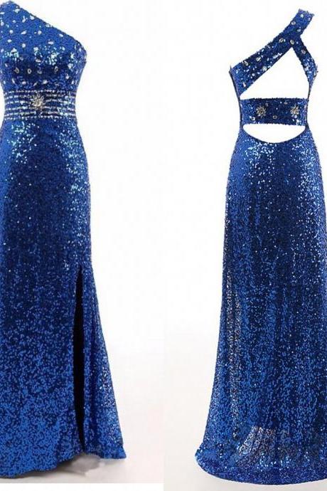 Blue Sequinned Floor Length Trumpet Evening Dress Featuring One Shoulder Bodice And Cutout Back
