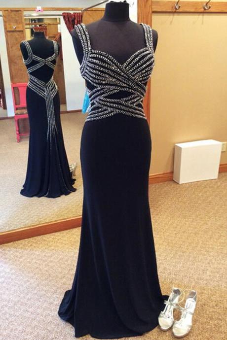2016 Luxury Black Prom Dresses Long Sexy V Neck Evening Dress Beaded Formal Gowns