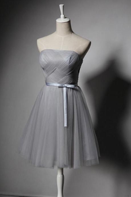 Grey Short Tulle Homecoming Dress Featuring Strapless Ruched Bodice With Bow Accent Belt And Lace-up Back