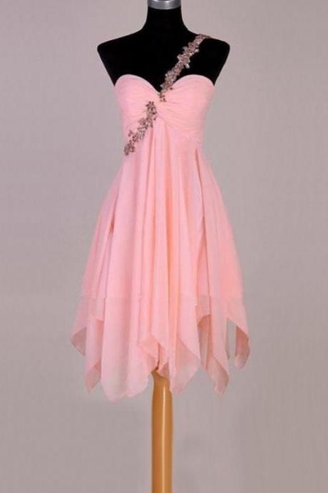 Custom Made Pink Crystal Embellished One-Shoulder Sweetheart Neckline Irregular Chiffon Formal Dress, Cocktail Dress, Evening Dress, homecoming Dress, Bridesmaid Dress
