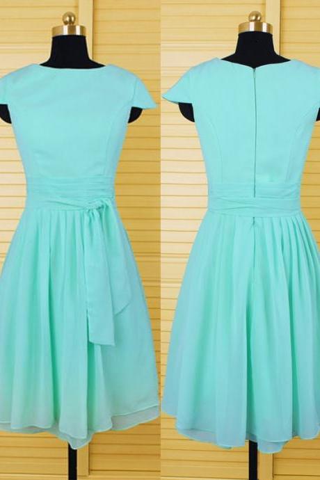 Custom Made Turquoise Blue Chiffon Cap Sleeve Knee Length Bridesmaid Dress 