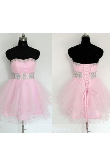 Custom Made Pink Crystal Embellished Sweetheart Neckline Tulle Lace-Up Formal Dress, Cocktail Dress, Evening Dress, homecoming Dress, Bridesmaid Dress