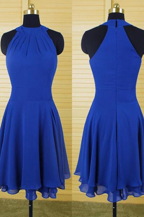 Custom Made Royal Blue High Neckline Chiffon Tiered Knee Length Bridesmaid Dress 