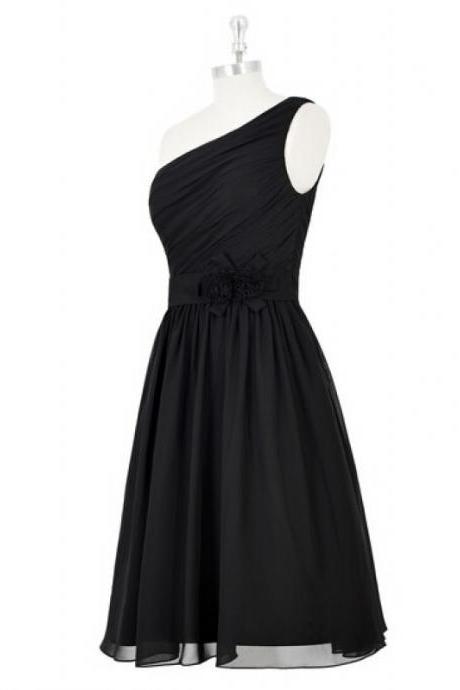 Short Black Chiffon Dress Featuring One Shoulder Ruched Bodice with Floral Embellished Belt