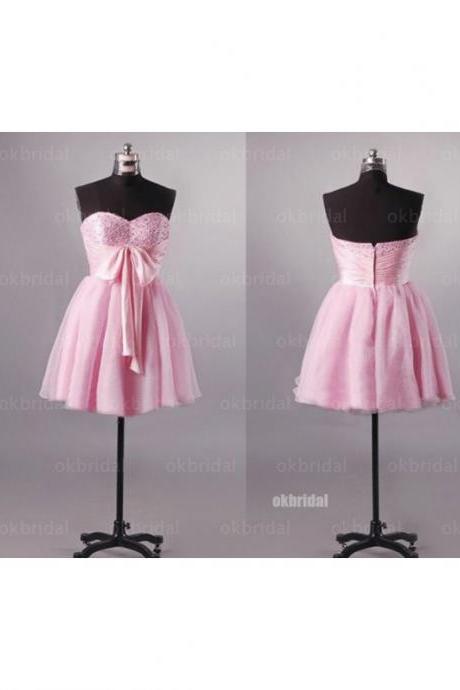 Handmade Cute A-Line Short Pink Organza Prom Dress With Bowknot, Short Prom Dresses, Homecoming Dresses, Graduation Dresses