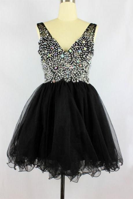 Luxury Crystal Short Black Prom Dress,Short Organza Prom Dresses, Homecoming Dresses, Graduation Dresses