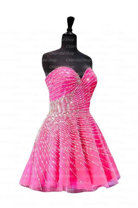 Luxury Crystal Fuschia Sweetheart Prom Dress,Short Organza Prom Dresses, Homecoming Dresses, Graduation Dresses