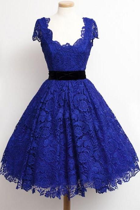 Elegant High Quality Short Length Royal Blue Prom Dresses, Cap Sleeve Lace Prom Dresses, Short Prom Dress, Mini Prom Dress, Homecoming Dress
