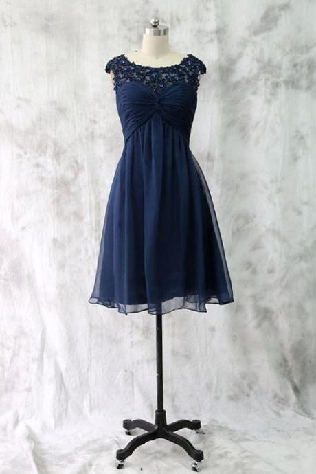 Elegant High Quality Short Length Navy Blue Prom Dresses, Sheer Neck Chiffon Prom Dresses, Short Prom Dress, Mini Prom Dress, Homecoming Dress