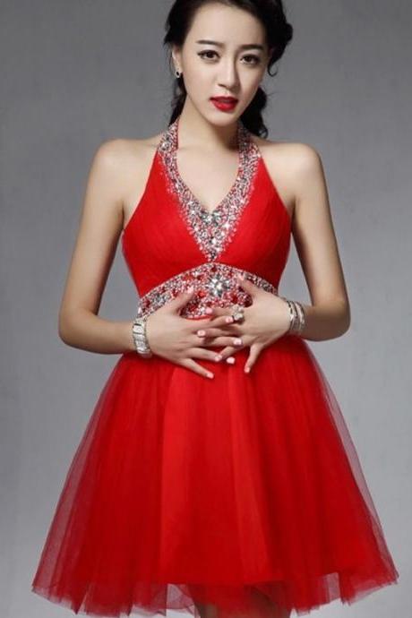 Elegant High Quality Short Length Red Prom Dresses, Halter Neck Tulle Prom Dresses, Short Prom Dress, Mini Prom Dress, Homecoming Dress