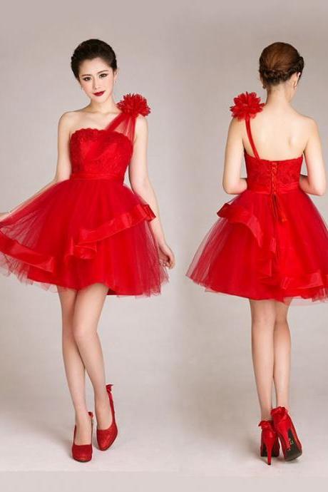 Elegant High Quality Short Length Red Prom Dresses, One Shoulder Tulle Prom Dresses, Short Prom Dress, Mini Prom Dress, Homecoming Dress