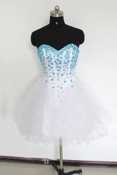 Short White Strapless Prom Gowns With Blue Crystal, Mini Prom Dressses, Evening Dresses, Homecoming Dresses