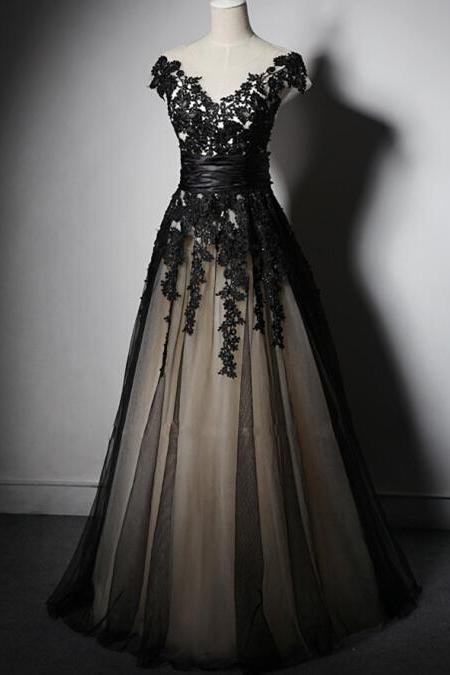 2016 Black V Neck Evening Dresses With Applique Long Elegant Prom Dress Robe De Soiree Formal Gowns