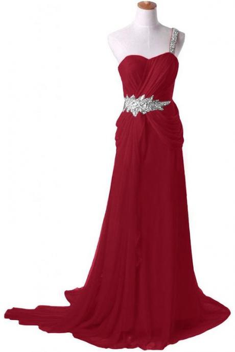 Red One-Shoulder Sweetheart Neckline Floor Length Formal Dress Featuring Beaded Embellishment, Prom Dress