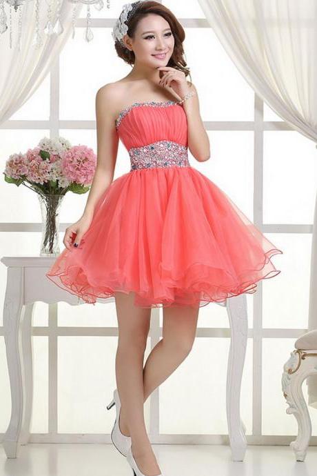 Prom Dresses,short Watermelon Red Prom Dresses,organza Prom Dresses,2016 Prom Dresses,short Gold Evening Dress,graduation Dresses, Homecoming