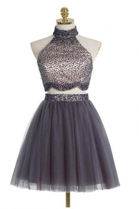 Grey Two-piece Homecoming Dress Featuring Short Tulle A-line Skirt And A Beaded Embellished High Neck Crop Top With Scallop Hem