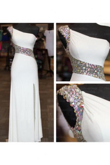 Prom Dress,white Prom Dress,sexy Crytal Prom Dresses,one Shoulder Evening Gowns,party Dress,custom Made Prom Dress,long Prom Dresses,2016 Prom