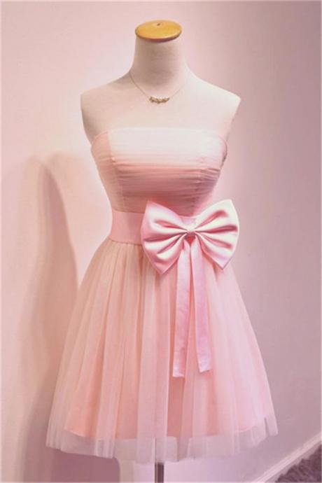 Pink Chiffon Strapless Straight Across Short Homecoming Dress Featuring Bow Accent Belt, Formal Dress 