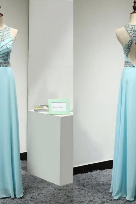 Long Blue Jewel Embellished Sweetheart Illusion Chiffon Dress With Open Back - Prom Dress, Evening Dress