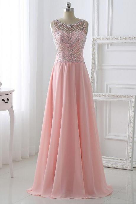 Pretty Chiffon Pink Beaded A Line Prom Gowns, Pink Prom Dresses,A Line Prom Dresses 2016