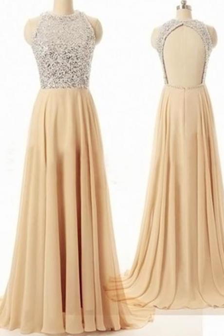 Sexy Chiffon Champagne A Line Prom Gowns, Sexy Backless Champagne Prom Dresses,A Line Prom Dresses 2016