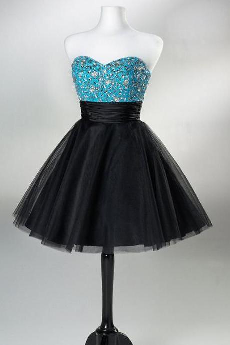 Black Sweetheart Tulle Homecoming Dresses,Short Strapless Crystal Beaded Evening Gowns