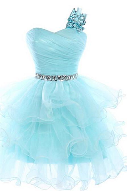 One Shoulder Organza Blue Homecoming Dresses With Bow, Sexy Short Sweetheart Prom Dresses