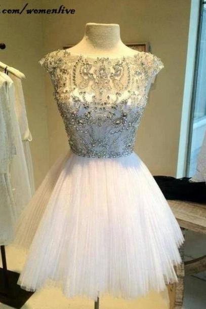 Short White Organza Prom Dresses With Brillante Stones,Mini Sheer Neck White Homecoming Dresses