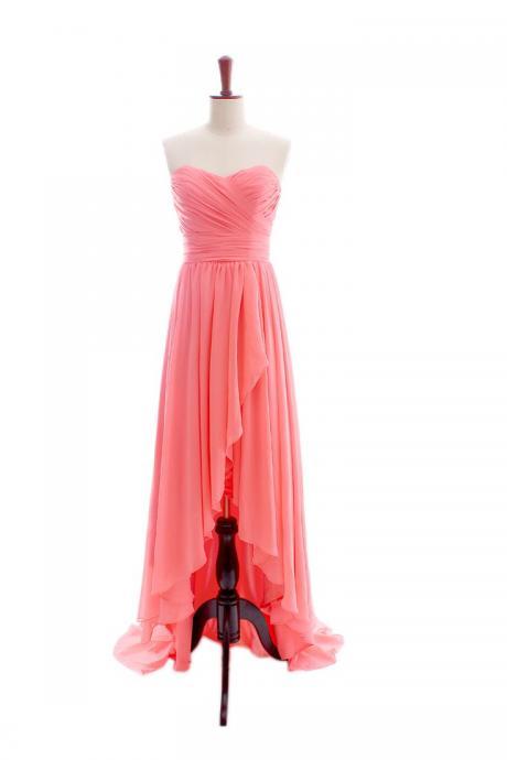 Fashion Chiffon High Low Coral Sweetheart Prom Dresses,Sexy Front Short And Long Back Evening Gowns