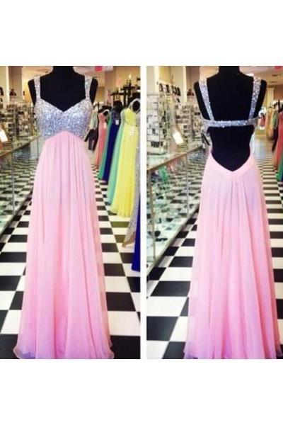 Sexy Pink Beaded Backless Chiffon Prom Dresses,Sexy Open Back Evening Gowns
