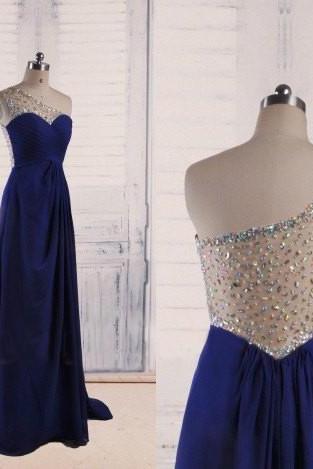 One Shoulder Royal Blue Backless Prom Dresses With AB Stones,Sexy Open Back Chiffon Evening Gowns
