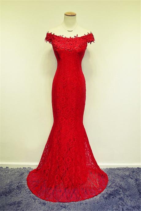 Red Off Shoulder Lace Floor Length Mermaid Prom Dress with Lace-Up Back