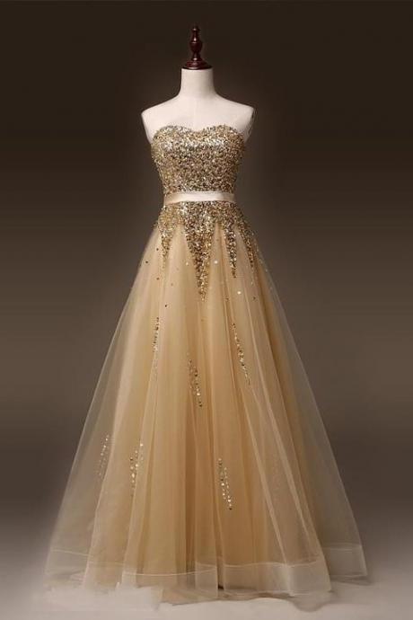 2016 Tulle Sweetheart Champagne Prom Dressses With Gold Stones ,2016 Long Elegant Evening Gowns