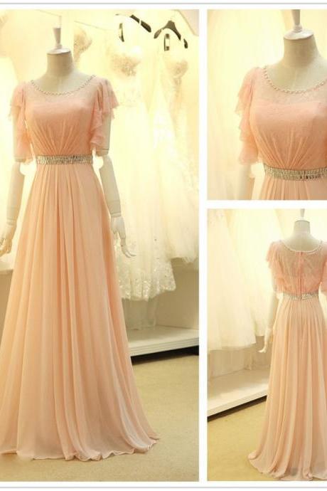 2016 Pink Illusion Neck Cap Sleeve Prom Dresses With Lace Bodice ,2016 Long Elegant Sheer Neck Evening Gowns