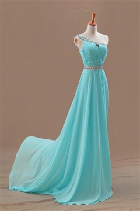 Fashion One Shoulder Blue Sparkling Beaded Belt Prom Dresses With Sexy Keyhole,2016 Long Chiffon Evening Gowns