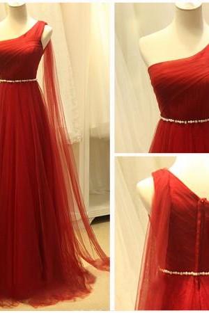 Red One Shoulder Tulle Prom Dresses With Beaded Waistline ,2016 Floor Length Tulle Evening Gowns