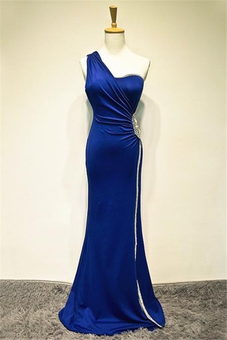 Royal Blue Mermaid Beaded Prom Dresses With Beaded Side ,2016 Floor Length Chiffon Evening Gowns