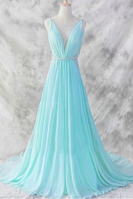 Deep V Neck Blue Chiffon Prom Dresses With Beaded Sheer Neckline,2016 Floor Length Chiffon Evening Gowns