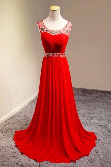 Red Beaded Illusion Neckline Chiffon Prom Dresses With Ruched Bodice ,2016 Floor Length Chiffon Evening Gowns