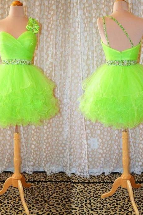 Sexy One Shoulder Green Beaded Embellished Belt Sweetheart Homecoming Dress With Playful Curly Hem