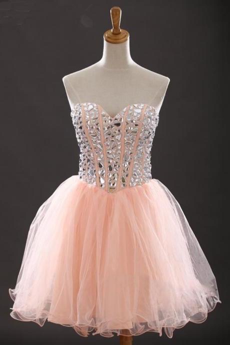 Sexy Pink Silver Stones Embellished Sweetheart Homecoming Dress, Sexy Short Organza Prom Dressses