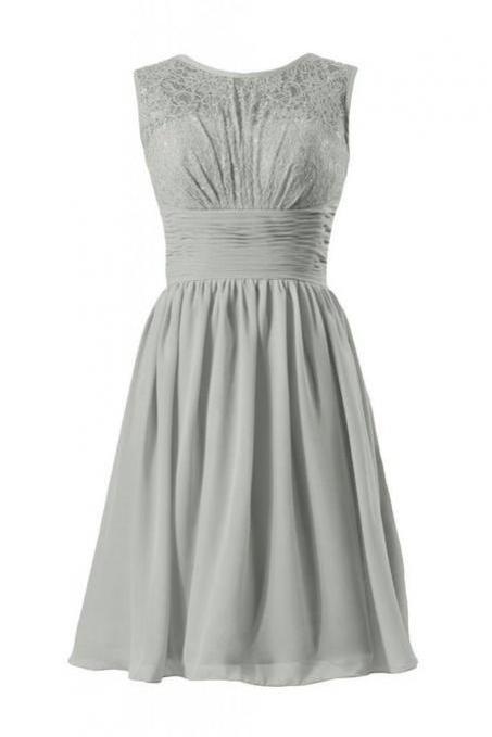 Sexy Gray Chiffon Sheer Neck Ruched Homecoming Dress With Lace Bodice, Sexy Short Chiffon Prom Dressses