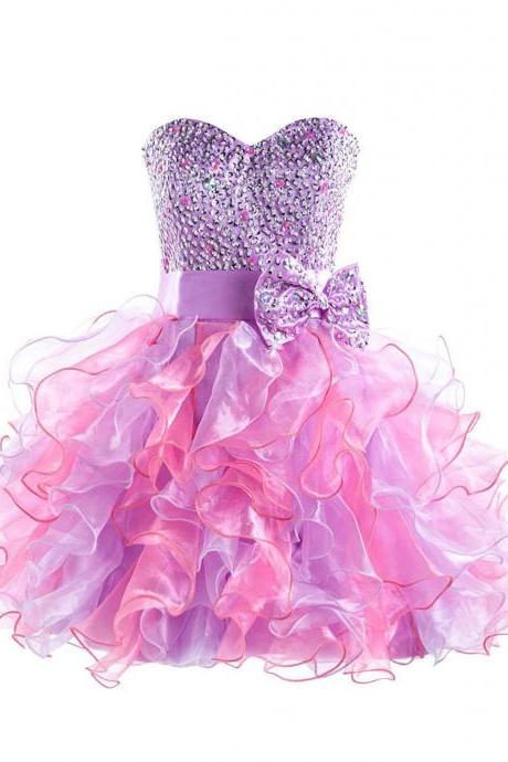 Colorful Sweetheart Organza Homecoming Dresses With Beaded Bodice, Sexy Short Strapless Prom Dressses
