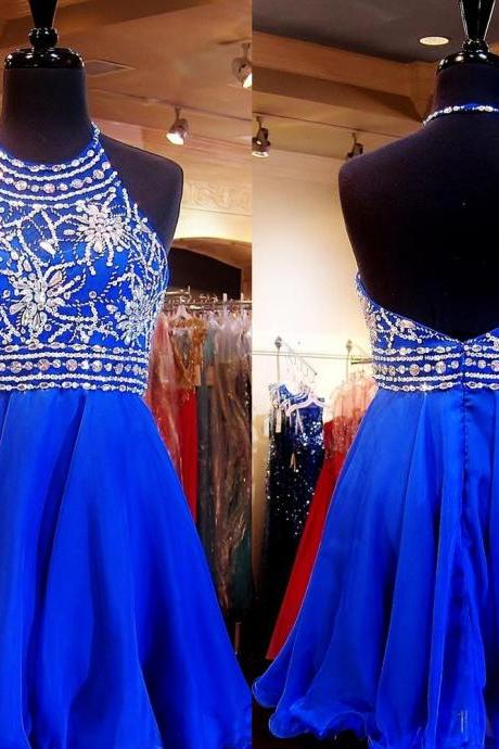 Royal Blue Halter Chiffon Homecoming Dresses With Beaded Bodice And AB Crystal, Sexy Short Chiffon Strapless Prom Dressses